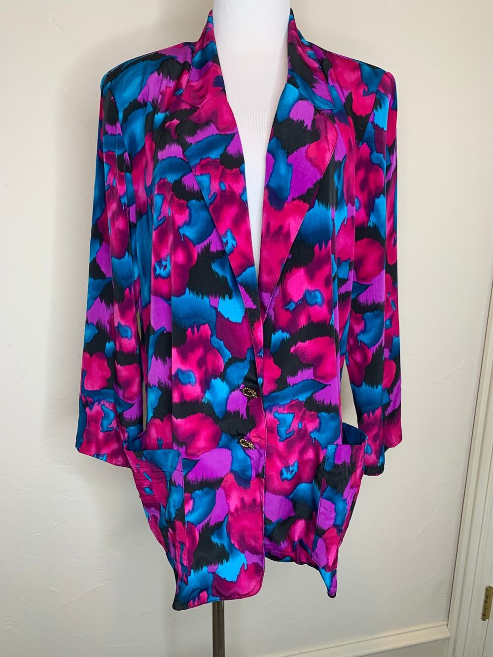 Vintage Hot Pink Blue Floral Silky Blazer Sz Medium Oversized 90s